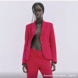 Zara Pink Button Front Fitted Shoulder Pad Blazer